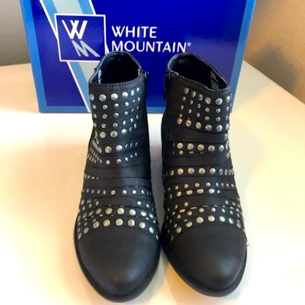 NIB WHITE MOUNTAIN Desire Studded Ankle Boots Western Heel Black Various Sizes
